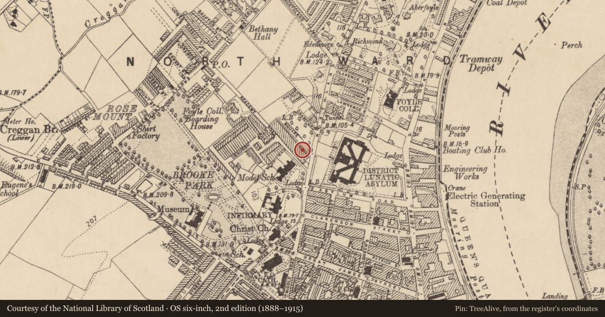Ordnance Survey six-inch map, 2nd edition (1888–1915) covering the location of 4 Crawford Square, Edenballymore, Derry City and Strabane, with a pin at the register's coordinates