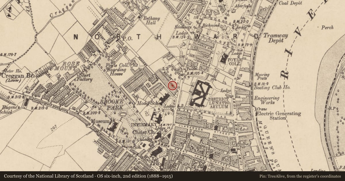 Ordnance Survey six-inch map, 2nd edition (1888–1915) covering the location of 5-6 Crawford Square, Edenballymore, Derry City and Strabane, with a pin at the register's coordinates