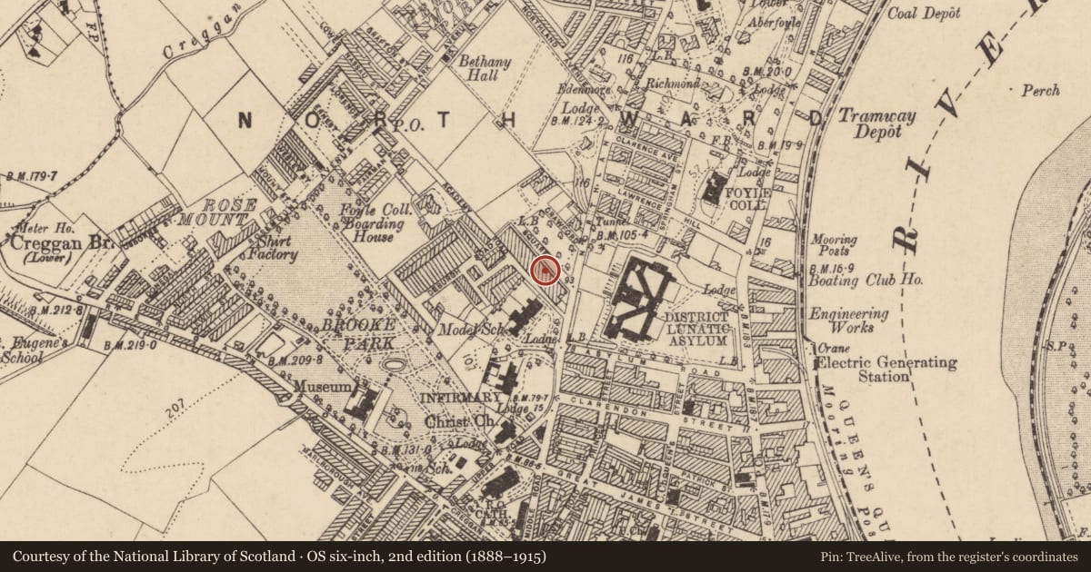 Ordnance Survey six-inch map, 2nd edition (1888–1915) covering the location of 7 Crawford Square, Edenballymore, Derry City and Strabane, with a pin at the register's coordinates