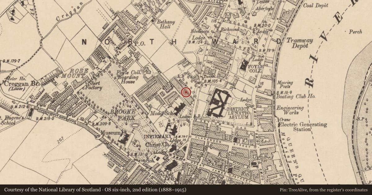 Ordnance Survey six-inch map, 2nd edition (1888–1915) covering the location of 8 Crawford Square, Edenballymore, Derry City and Strabane, with a pin at the register's coordinates