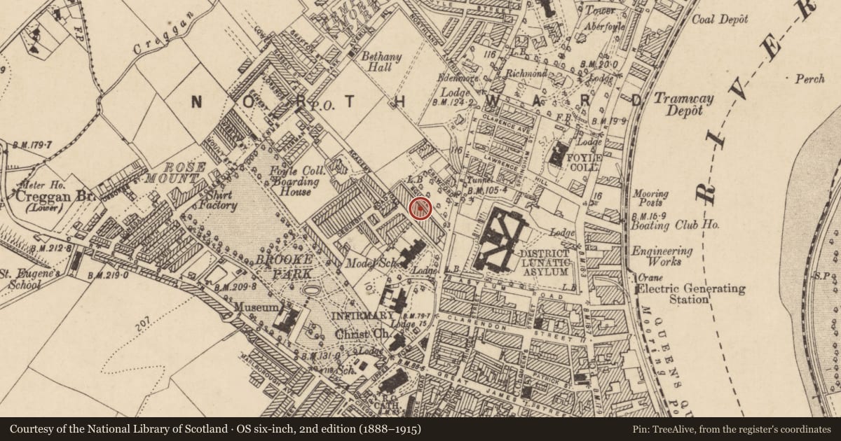 Ordnance Survey six-inch map, 2nd edition (1888–1915) covering the location of 11 Crawford Square, Edenballymore, Derry City and Strabane, with a pin at the register's coordinates