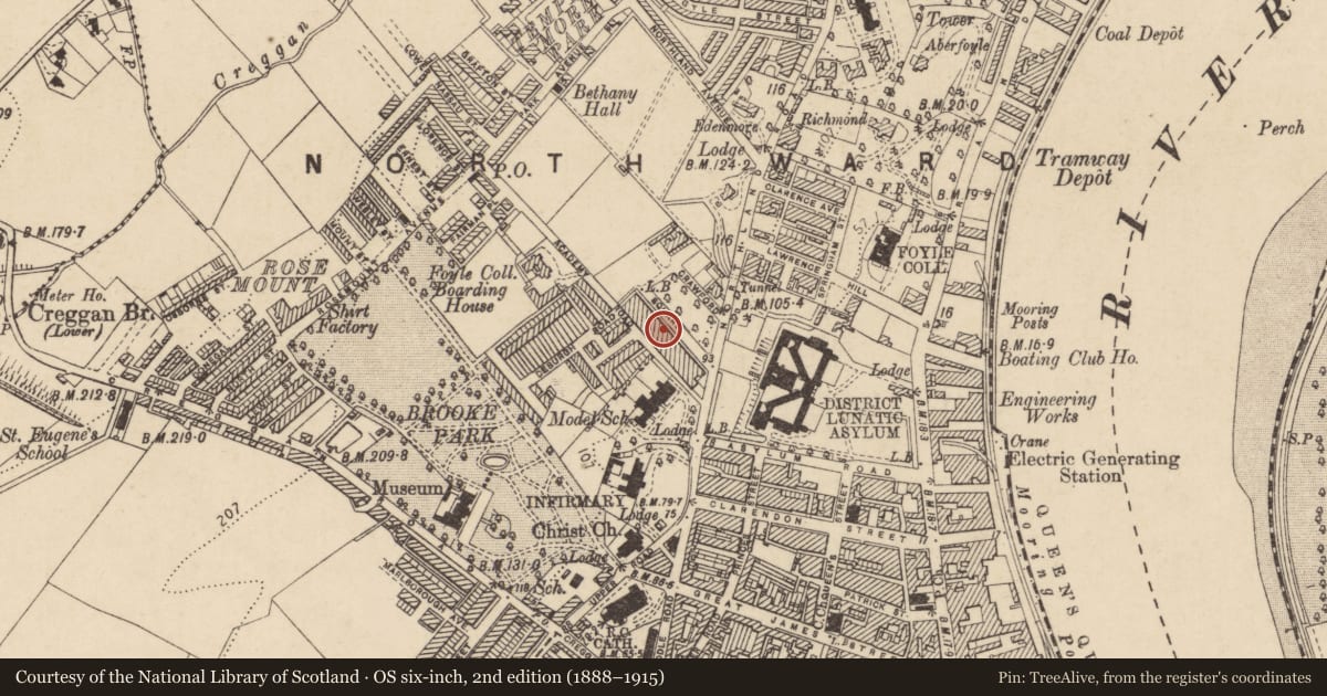 Ordnance Survey six-inch map, 2nd edition (1888–1915) covering the location of 12 Crawford Square, Edenballymore, Derry City and Strabane, with a pin at the register's coordinates