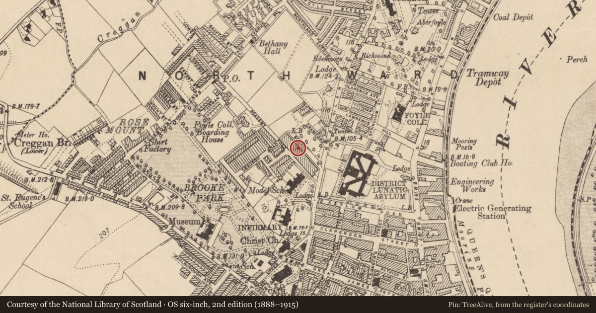 Ordnance Survey six-inch map, 2nd edition (1888–1915) covering the location of 13 Crawford Square, Edenballymore, Derry City and Strabane, with a pin at the register's coordinates