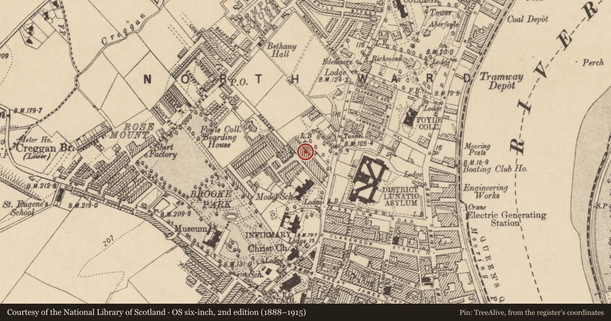 Ordnance Survey six-inch map, 2nd edition (1888–1915) covering the location of 14 Crawford Square, Edenballymore, Derry City and Strabane, with a pin at the register's coordinates