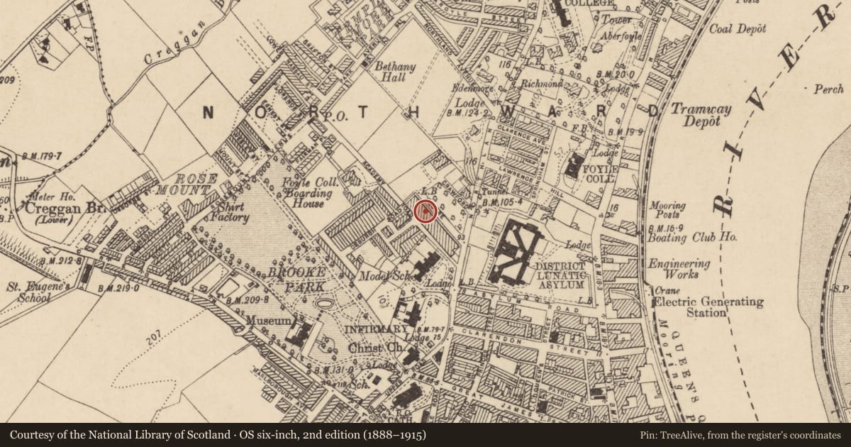 Ordnance Survey six-inch map, 2nd edition (1888–1915) covering the location of 15 Crawford Square, Edenballymore, Derry City and Strabane, with a pin at the register's coordinates