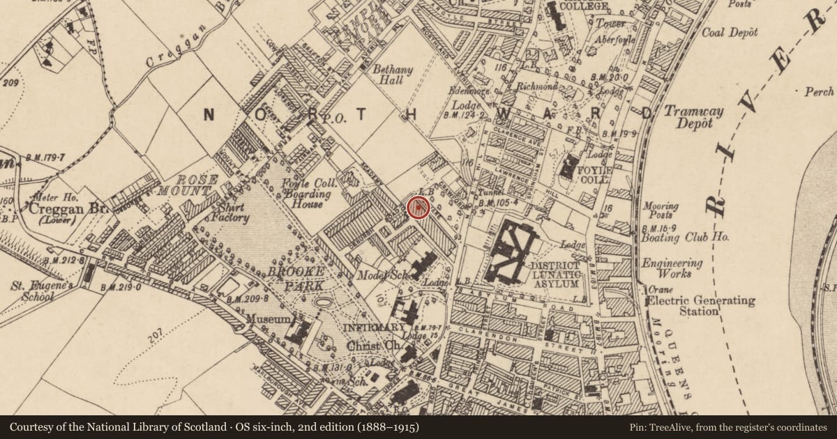 Ordnance Survey six-inch map, 2nd edition (1888–1915) covering the location of 17 Crawford Square, Edenballymore, Derry City and Strabane, with a pin at the register's coordinates