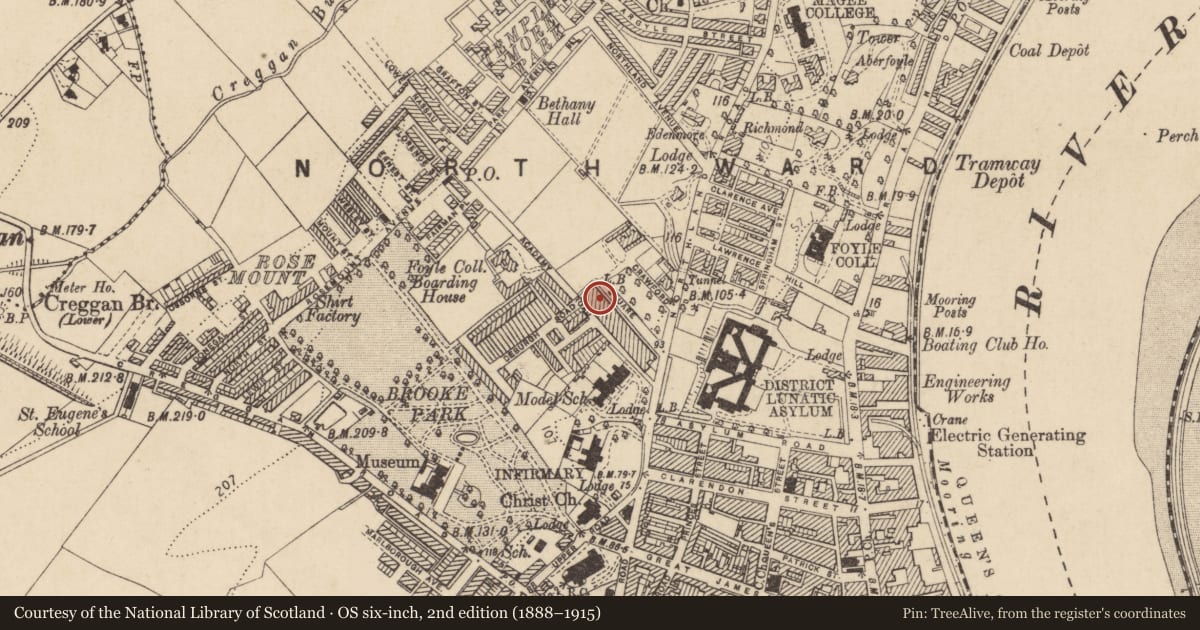 Ordnance Survey six-inch map, 2nd edition (1888–1915) covering the location of 18 Crawford Square, Edenballymore, Derry City and Strabane, with a pin at the register's coordinates