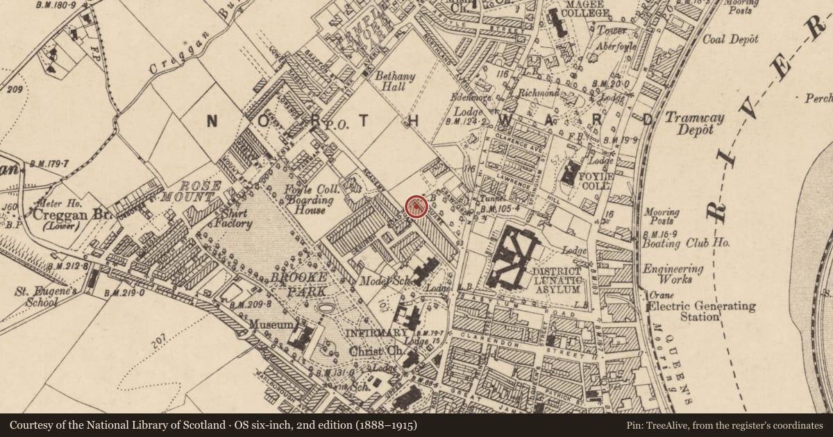 Ordnance Survey six-inch map, 2nd edition (1888–1915) covering the location of 19 Crawford Square, Edenballymore, Derry City and Strabane, with a pin at the register's coordinates