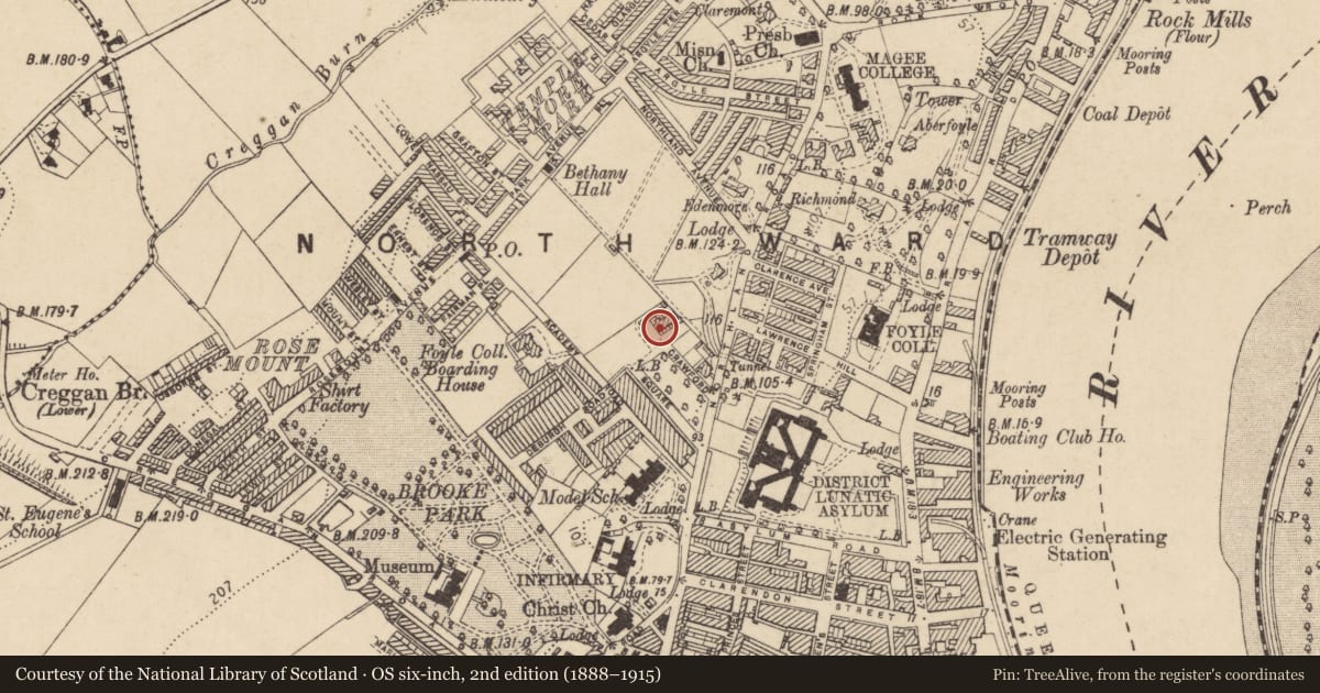 Ordnance Survey six-inch map, 2nd edition (1888–1915) covering the location of 20 Crawford Square, Edenballymore, Derry City and Strabane, with a pin at the register's coordinates