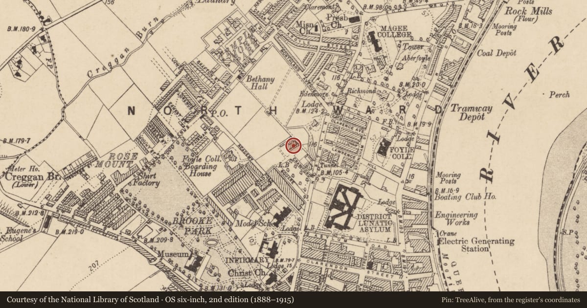 Ordnance Survey six-inch map, 2nd edition (1888–1915) covering the location of 22 Crawford Square, Edenballymore, Derry City and Strabane, with a pin at the register's coordinates