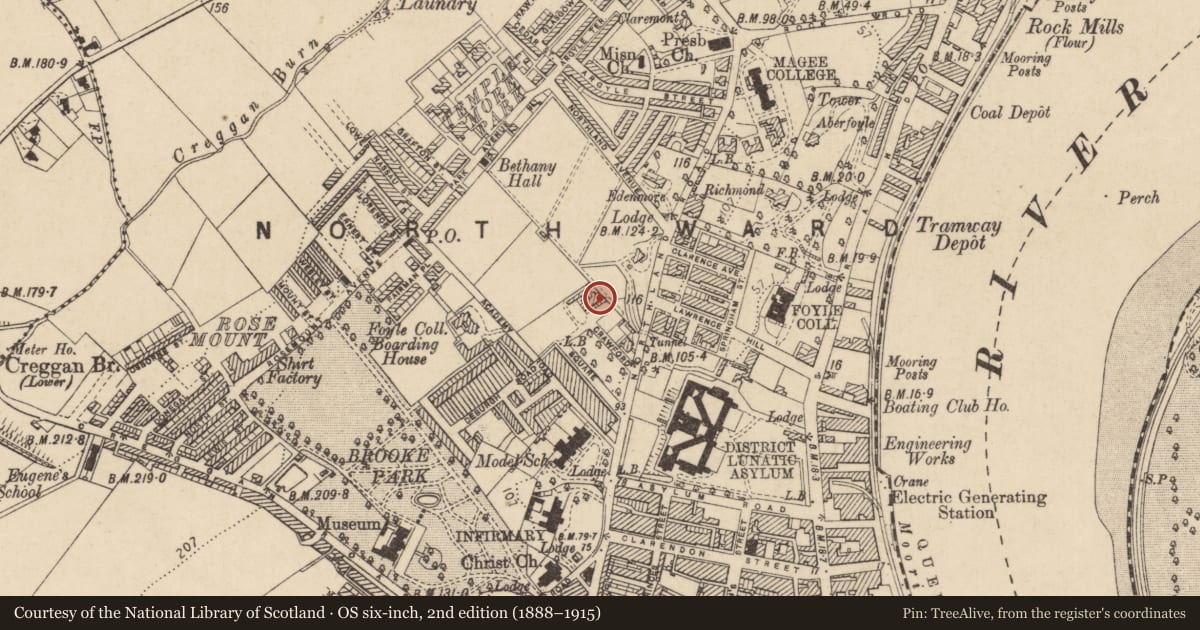 Ordnance Survey six-inch map, 2nd edition (1888–1915) covering the location of 23 Crawford Square, Edenballymore, Derry City and Strabane, with a pin at the register's coordinates