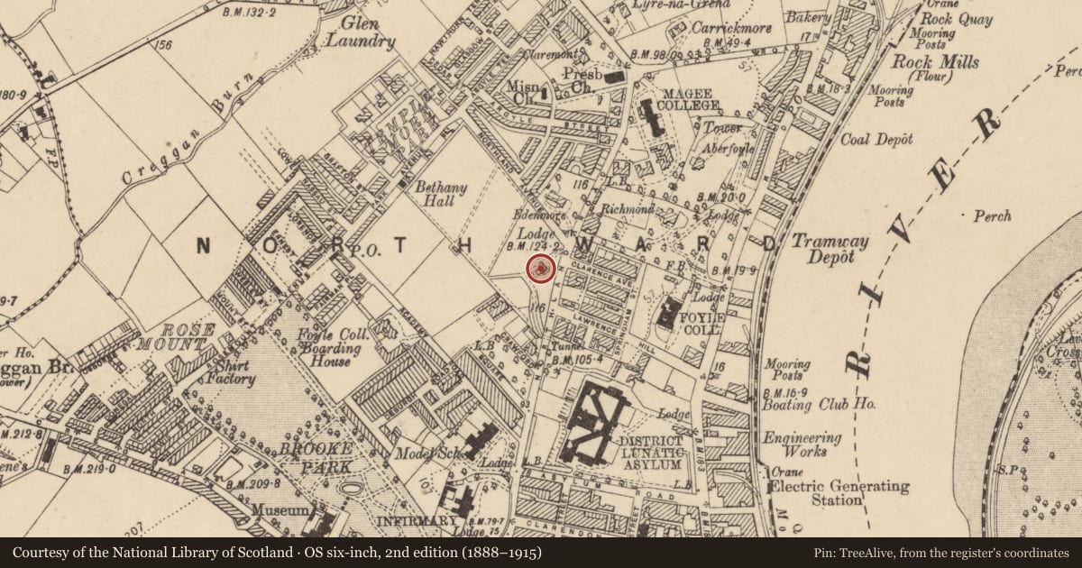 Ordnance Survey six-inch map, 2nd edition (1888–1915) covering the location of Former Londonderry Fire Station, Edenballymore, Derry City and Strabane, with a pin at the register's coordinates