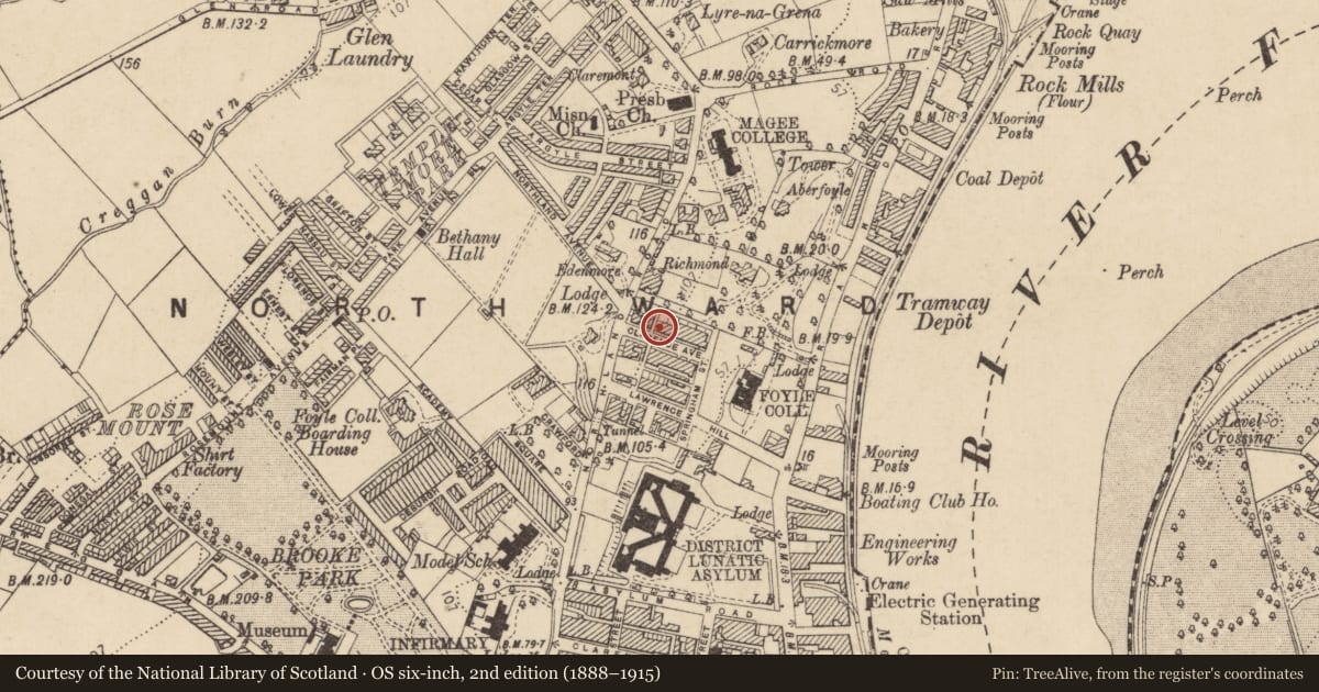 Ordnance Survey six-inch map, 2nd edition (1888–1915) covering the location of 2 Clarence Avenue, Edenballymore, Derry City and Strabane, with a pin at the register's coordinates