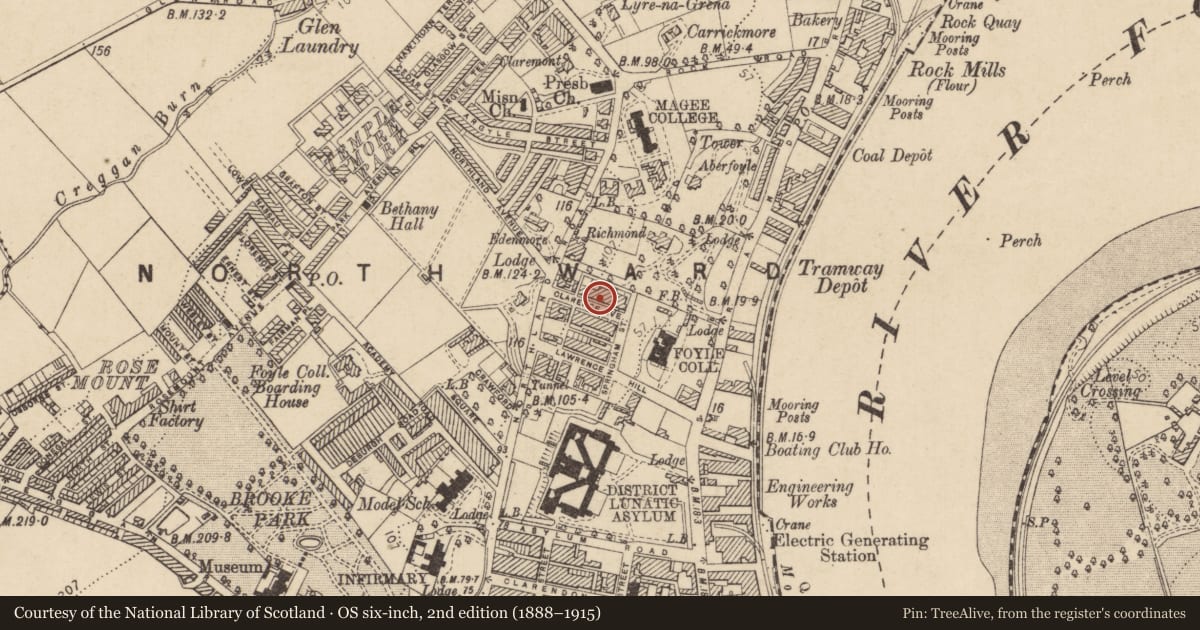 Ordnance Survey six-inch map, 2nd edition (1888–1915) covering the location of 10 Clarence Avenue, Derry City and Strabane, with a pin at the register's coordinates