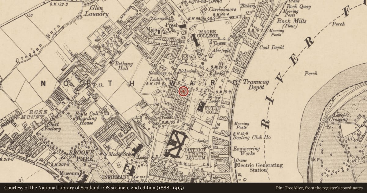Ordnance Survey six-inch map, 2nd edition (1888–1915) covering the location of 12 Clarence Avenue, Edenballymore, Derry City and Strabane, with a pin at the register's coordinates