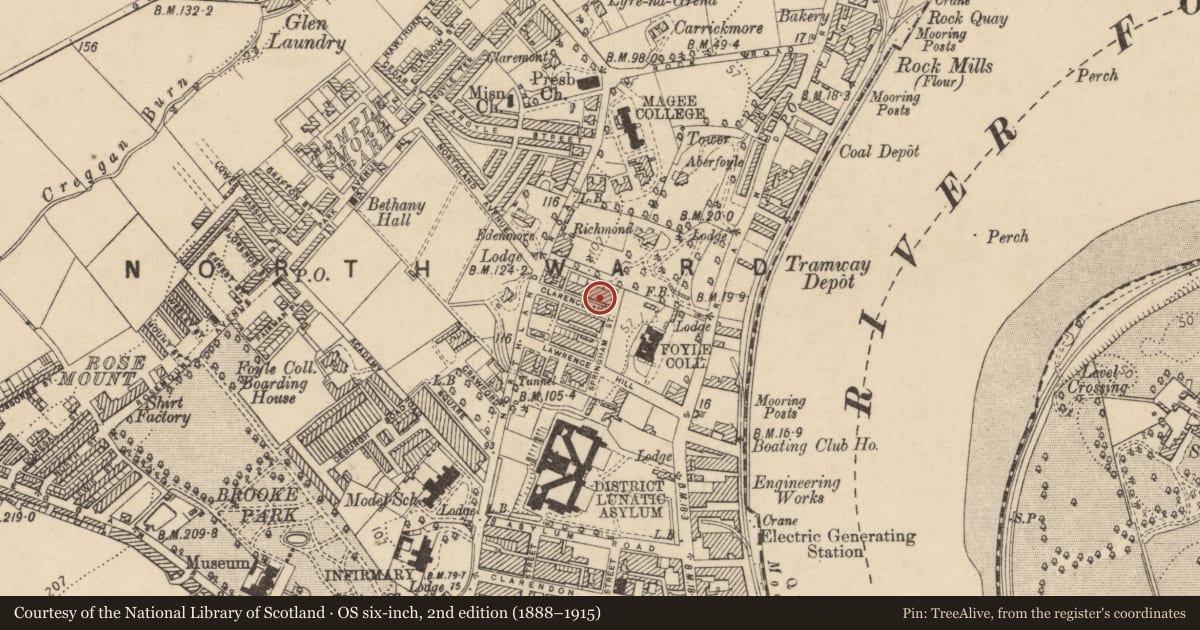 Ordnance Survey six-inch map, 2nd edition (1888–1915) covering the location of 16 Clarence Avenue, Edenballymore, Derry City and Strabane, with a pin at the register's coordinates
