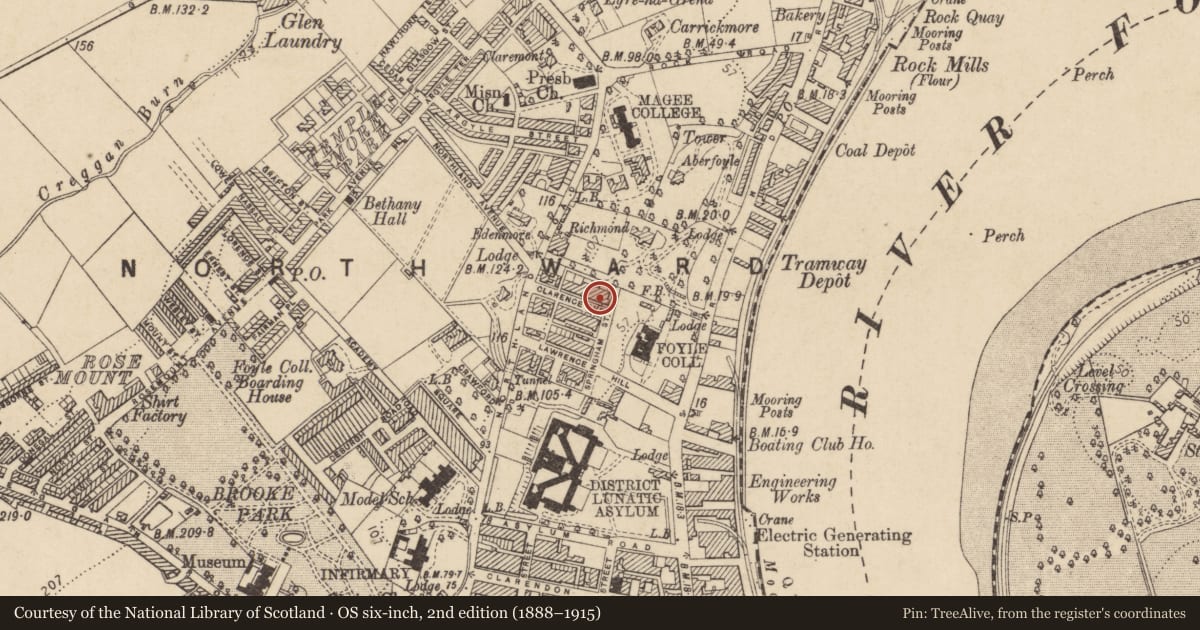 Ordnance Survey six-inch map, 2nd edition (1888–1915) covering the location of 18 Clarence Avenue, Edenballymore, Derry City and Strabane, with a pin at the register's coordinates