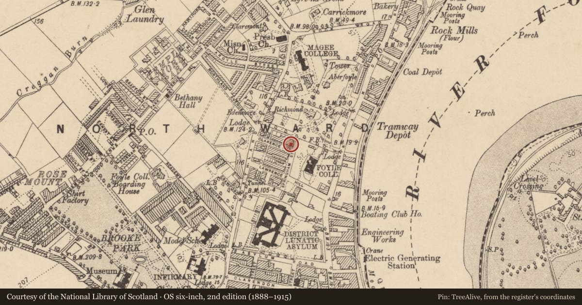 Ordnance Survey six-inch map, 2nd edition (1888–1915) covering the location of 20 Clarence Avenue, Edenballymore, Derry City and Strabane, with a pin at the register's coordinates