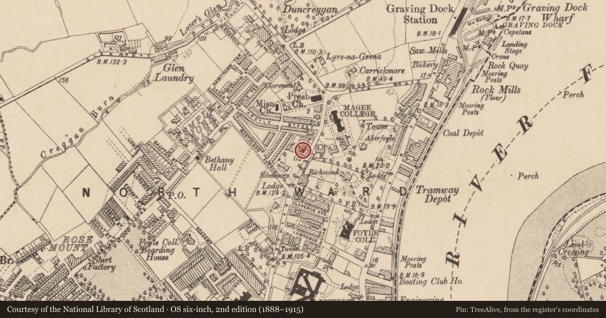 Ordnance Survey six-inch map, 2nd edition (1888–1915) covering the location of 10 Florence Terrace, Derry City and Strabane, with a pin at the register's coordinates