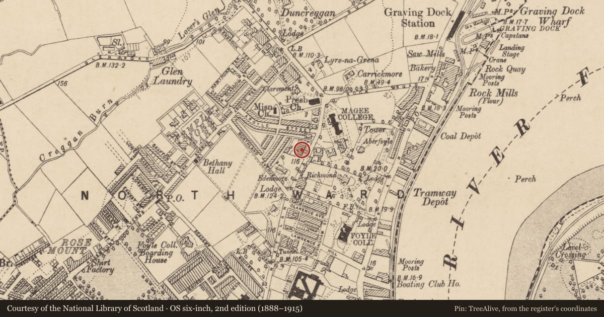 Ordnance Survey six-inch map, 2nd edition (1888–1915) covering the location of 12 Florence Terrace, Derry City and Strabane, with a pin at the register's coordinates