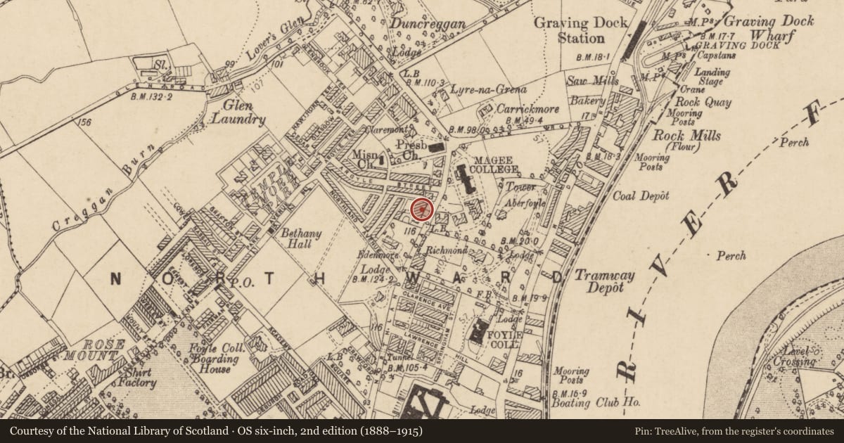 Ordnance Survey six-inch map, 2nd edition (1888–1915) covering the location of 16 Florence Terrace, Derry City and Strabane, with a pin at the register's coordinates