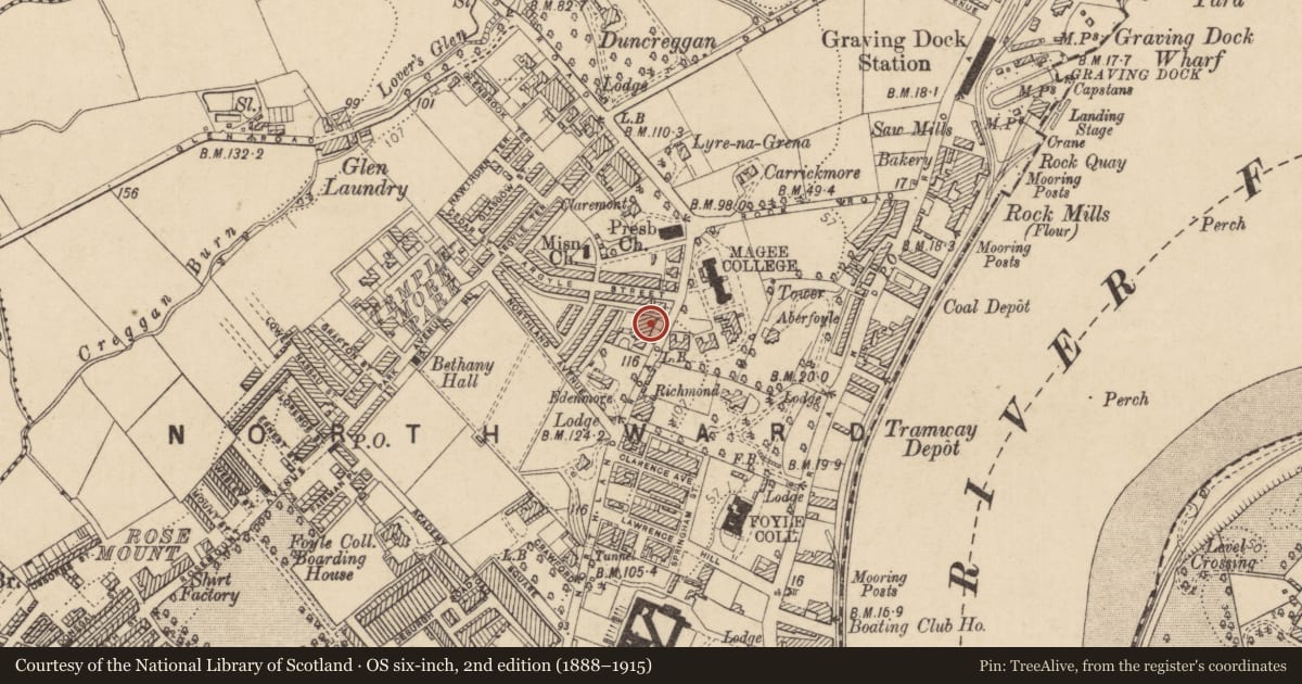 Ordnance Survey six-inch map, 2nd edition (1888–1915) covering the location of 18 Florence Terrace, Derry City and Strabane, with a pin at the register's coordinates