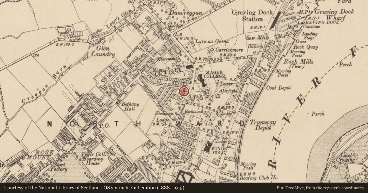 Ordnance Survey six-inch map, 2nd edition (1888–1915) covering the location of 20 Florence Terrace, Derry City and Strabane, with a pin at the register's coordinates