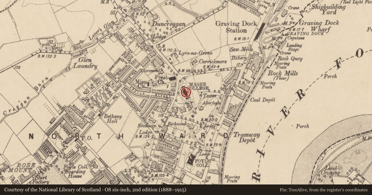 Ordnance Survey six-inch map, 2nd edition (1888–1915) covering the location of Magee University College, Derry City and Strabane, with a pin at the register's coordinates