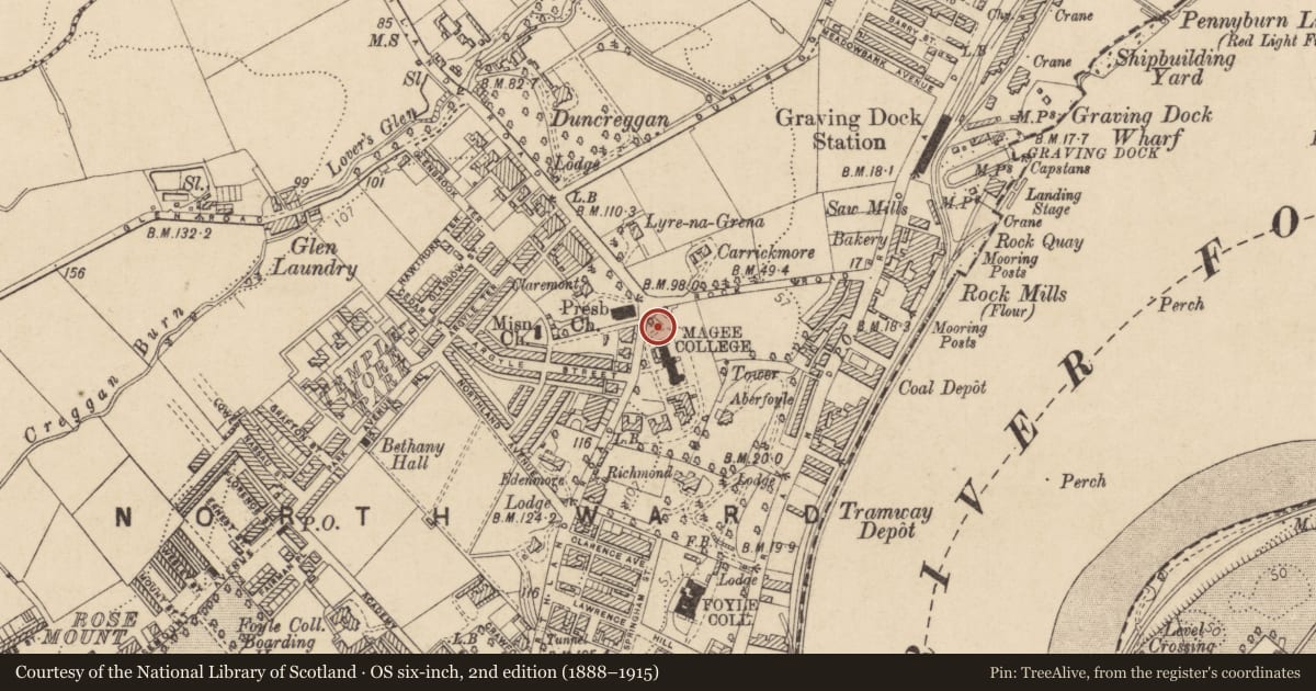 Ordnance Survey six-inch map, 2nd edition (1888–1915) covering the location of ADMIN., TEACHING, Resid. And Recreat.bldgs. At Magee University College, Derry City and Strabane, with a pin at the register's coordinates
