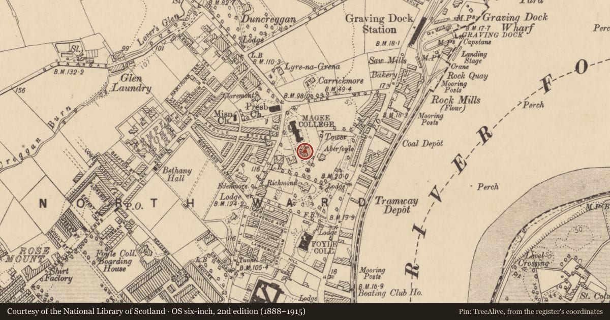 Ordnance Survey six-inch map, 2nd edition (1888–1915) covering the location of MC Block, University of Ulster, Magee Campus, Northland Road, Londonderry, Derry City and Strabane, with a pin at the register's coordinates
