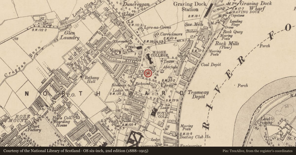 Ordnance Survey six-inch map, 2nd edition (1888–1915) covering the location of MB Block, University Administration Building 3, University of Ulster, Magee Campus, Derry City and Strabane, with a pin at the register's coordinates