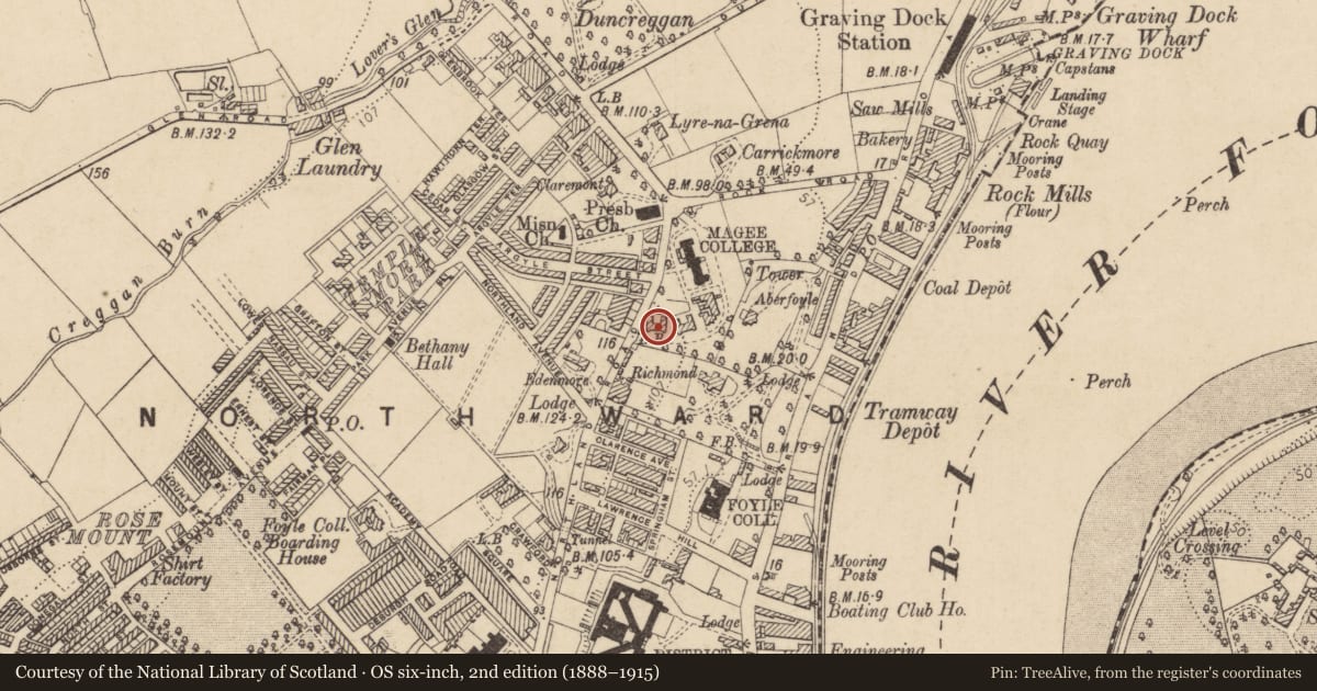 Ordnance Survey six-inch map, 2nd edition (1888–1915) covering the location of MA Block, Derry City and Strabane, with a pin at the register's coordinates