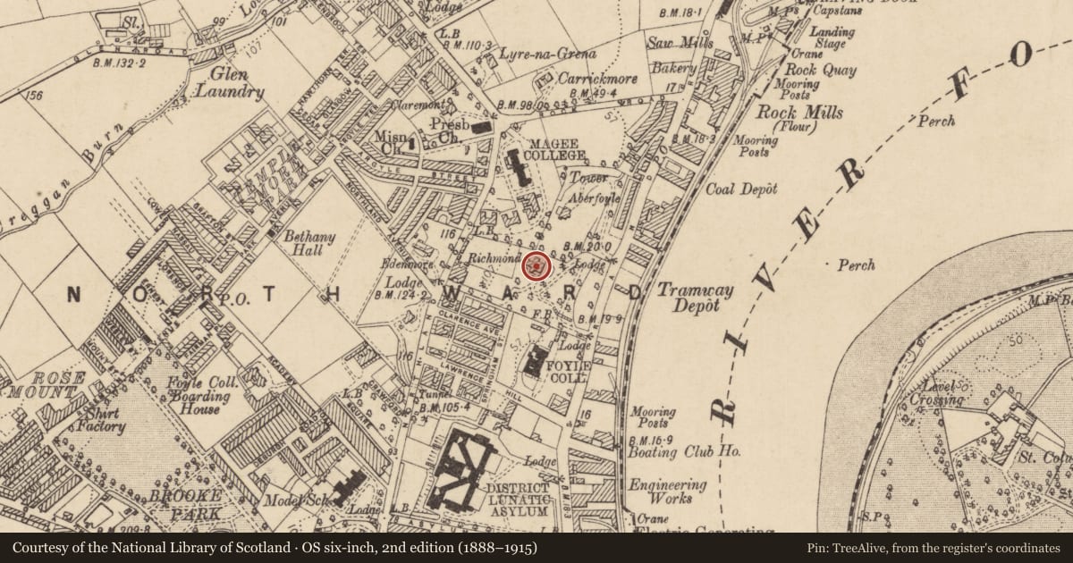 Ordnance Survey six-inch map, 2nd edition (1888–1915) covering the location of Aberfoyle House, Edenballymore, Derry City and Strabane, with a pin at the register's coordinates