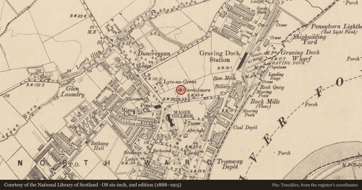 Ordnance Survey six-inch map, 2nd edition (1888–1915) covering the location of Carrickmore House, Derry City and Strabane, with a pin at the register's coordinates