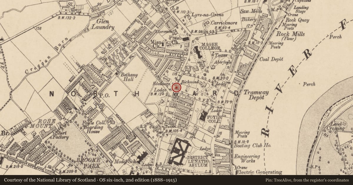 Ordnance Survey six-inch map, 2nd edition (1888–1915) covering the location of Northland Road Gate Lodge, University of Ulster, Magee Campus, Northland Road, Londonderry, BT48 7JL, Derry City and Strabane, with a pin at the register's coordinates