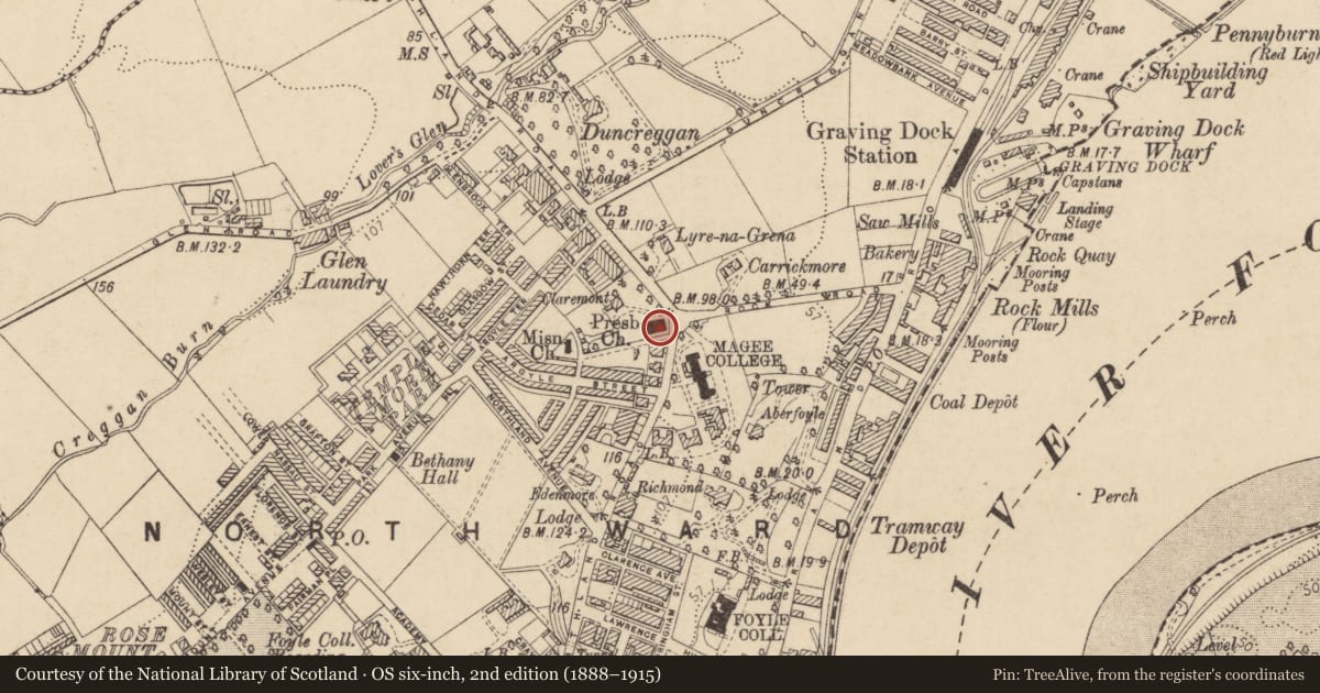 Ordnance Survey six-inch map, 2nd edition (1888–1915) covering the location of Claremont Presbyterian Church, Edenballymore, Derry City and Strabane, with a pin at the register's coordinates