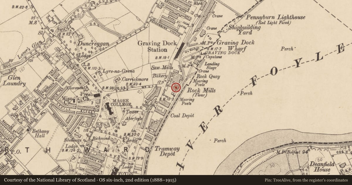 Ordnance Survey six-inch map, 2nd edition (1888–1915) covering the location of Rock Bakery, Edenballymore/Pennyburn, Derry City and Strabane, with a pin at the register's coordinates