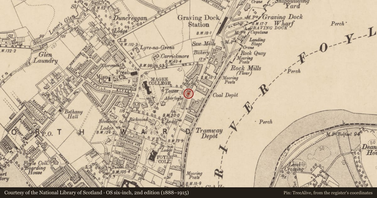 Ordnance Survey six-inch map, 2nd edition (1888–1915) covering the location of 3 Aberfoyle Terrace, Edenballymore, Derry City and Strabane, with a pin at the register's coordinates