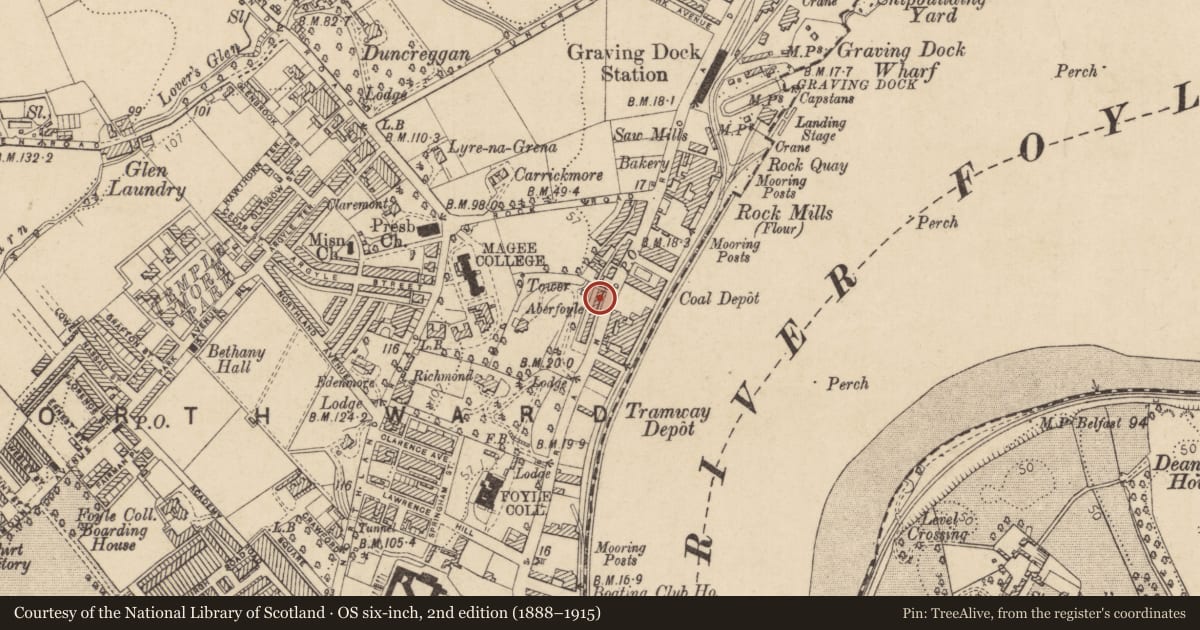 Ordnance Survey six-inch map, 2nd edition (1888–1915) covering the location of 5 Aberfoyle Terrace, Edenballymore, Derry City and Strabane, with a pin at the register's coordinates