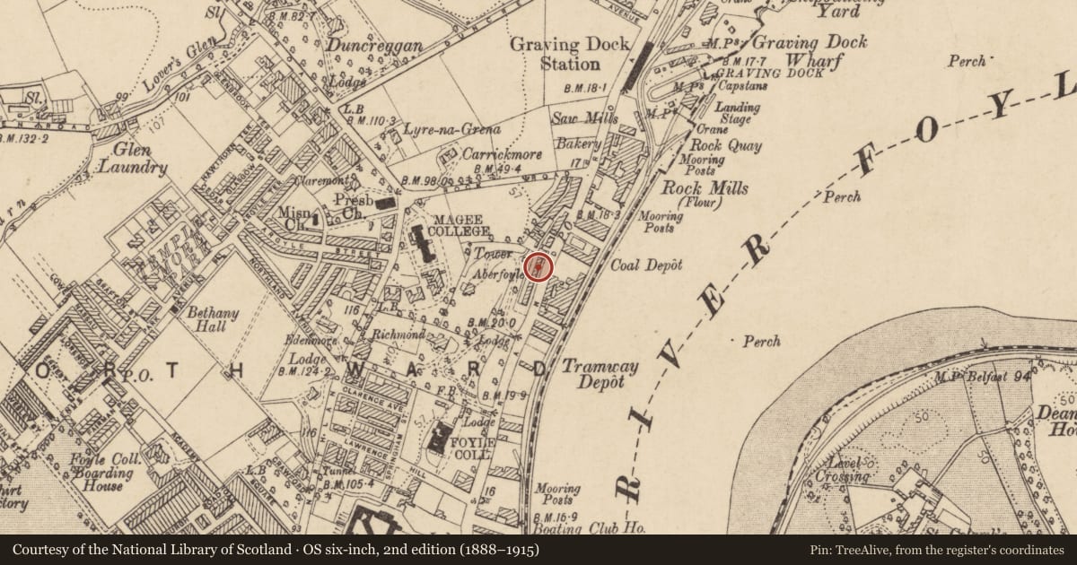 Ordnance Survey six-inch map, 2nd edition (1888–1915) covering the location of 7 Aberfoyle Terrace, Edenballymore, Derry City and Strabane, with a pin at the register's coordinates