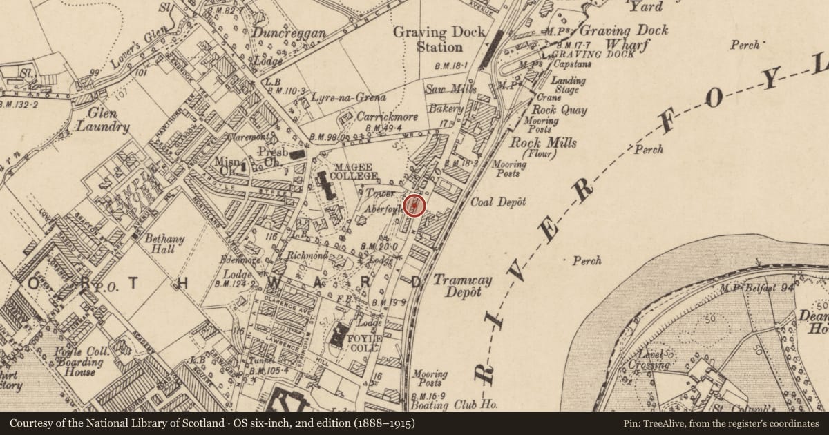 Ordnance Survey six-inch map, 2nd edition (1888–1915) covering the location of 9 Aberfoyle Terrace, Edenballymore, Derry City and Strabane, with a pin at the register's coordinates
