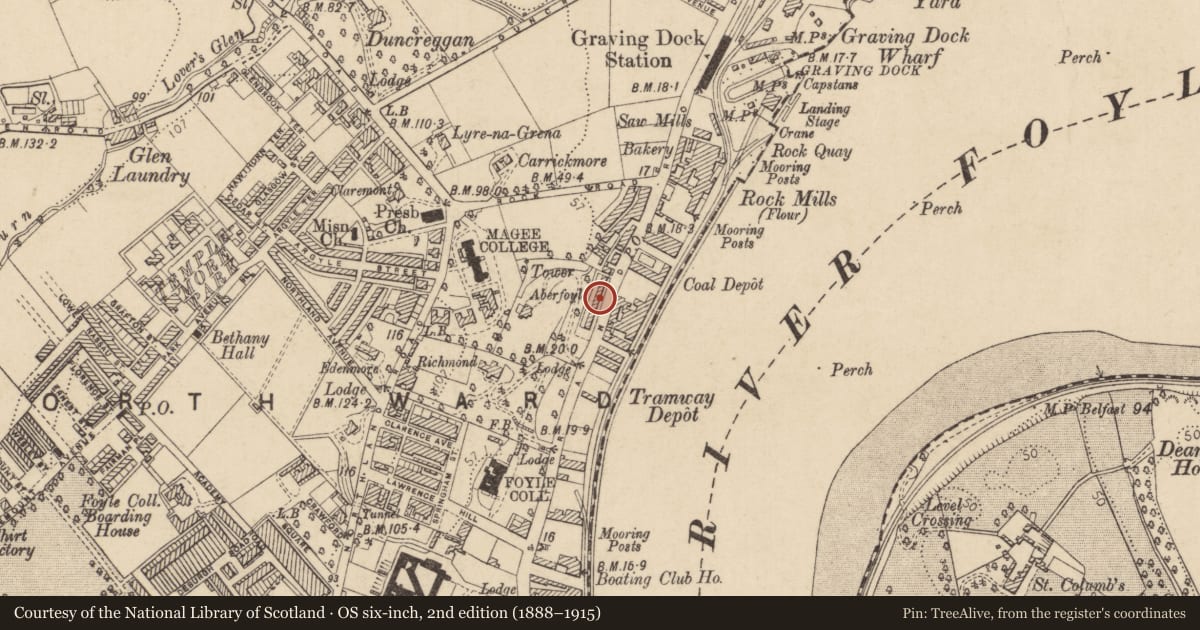 Ordnance Survey six-inch map, 2nd edition (1888–1915) covering the location of 13 Aberfoyle Terrace, Edenballymore, Derry City and Strabane, with a pin at the register's coordinates