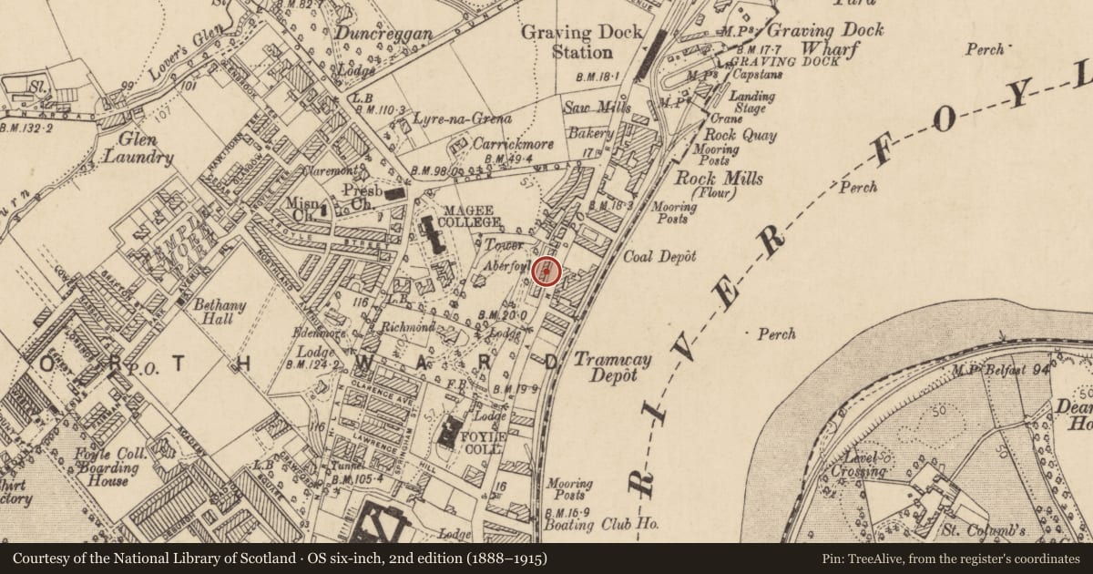 Ordnance Survey six-inch map, 2nd edition (1888–1915) covering the location of 15 Aberfoyle Terrace, Edenballymore, Derry City and Strabane, with a pin at the register's coordinates