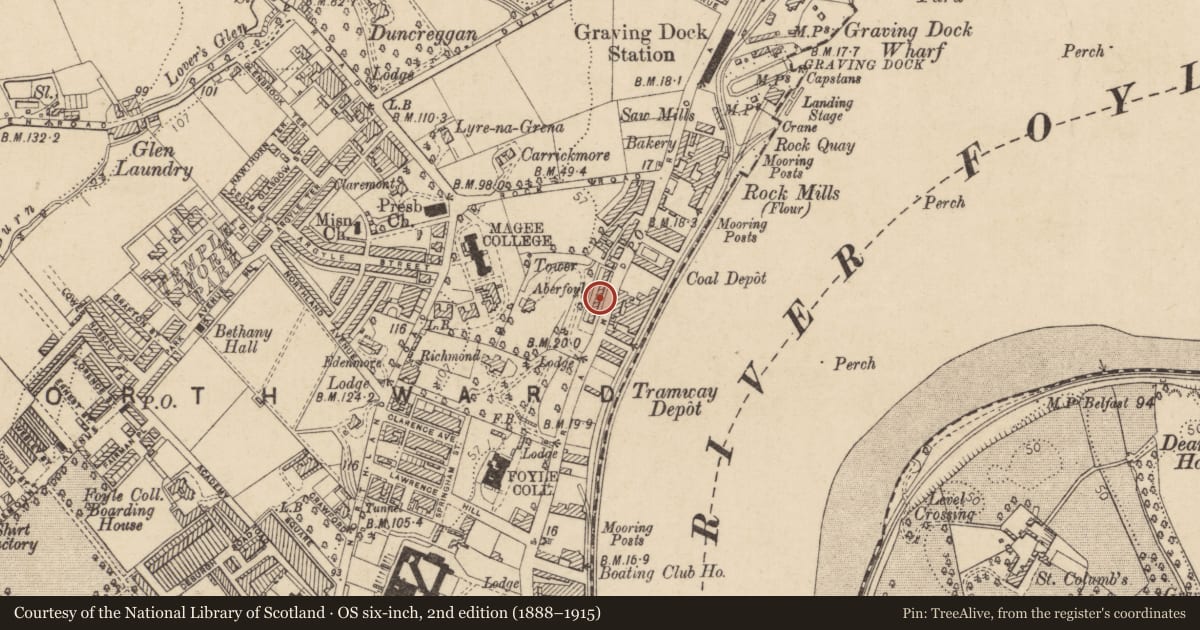 Ordnance Survey six-inch map, 2nd edition (1888–1915) covering the location of 17 Aberfoyle Terrace, Edenballymore, Derry City and Strabane, with a pin at the register's coordinates