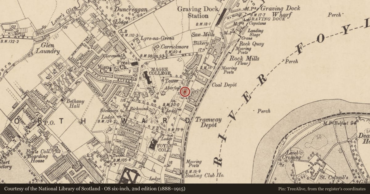 Ordnance Survey six-inch map, 2nd edition (1888–1915) covering the location of 19 Aberfoyle Terrace, Edenballymore, Derry City and Strabane, with a pin at the register's coordinates