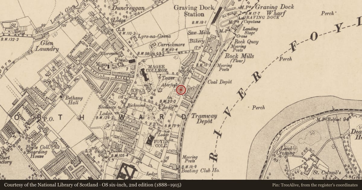 Ordnance Survey six-inch map, 2nd edition (1888–1915) covering the location of 21 Aberfoyle Terrace, Edenballymore, Derry City and Strabane, with a pin at the register's coordinates