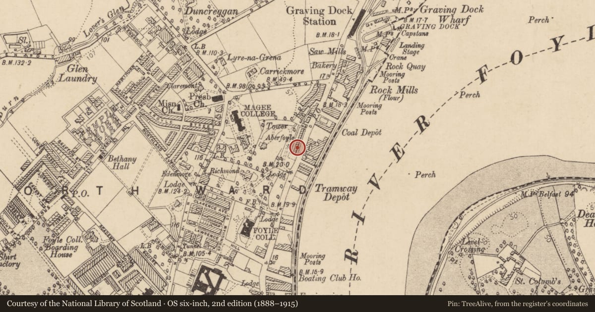 Ordnance Survey six-inch map, 2nd edition (1888–1915) covering the location of 23 Aberfoyle Terrace, Edenballymore, Derry City and Strabane, with a pin at the register's coordinates