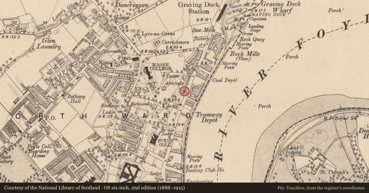 Ordnance Survey six-inch map, 2nd edition (1888–1915) covering the location of 27 Aberfoyle Terrace, Edenballymore, Derry City and Strabane, with a pin at the register's coordinates