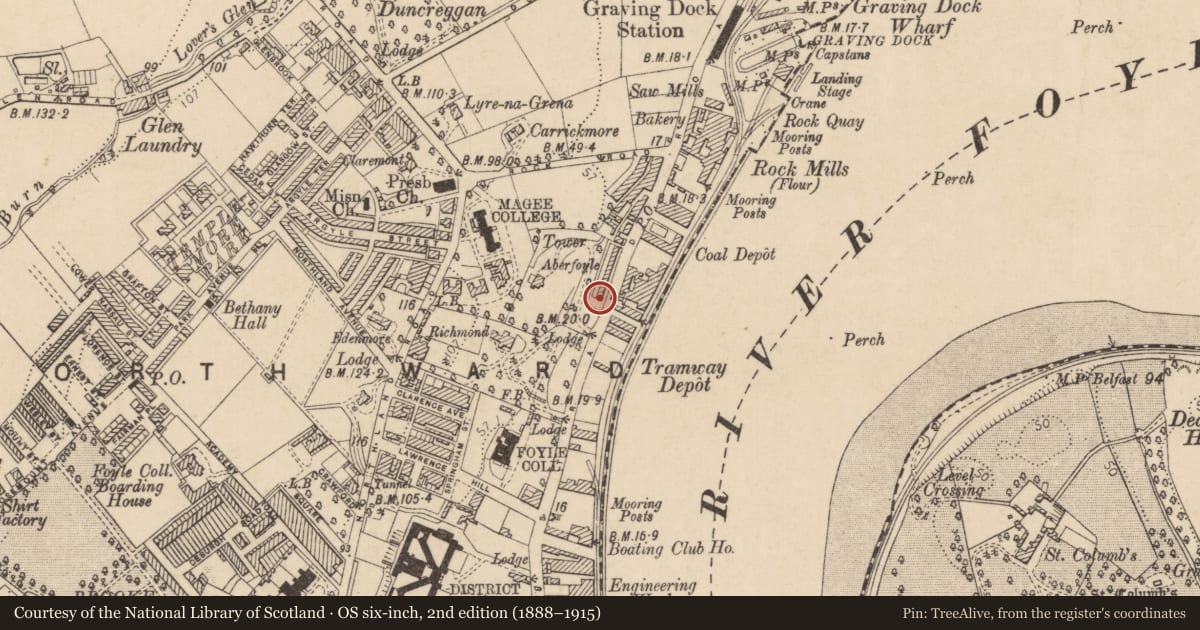 Ordnance Survey six-inch map, 2nd edition (1888–1915) covering the location of 31 Aberfoyle Terrace, Edenballymore, Derry City and Strabane, with a pin at the register's coordinates