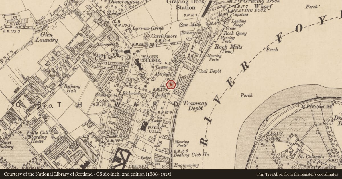 Ordnance Survey six-inch map, 2nd edition (1888–1915) covering the location of 33 Aberfoyle Terrace, Edenballymore, Derry City and Strabane, with a pin at the register's coordinates
